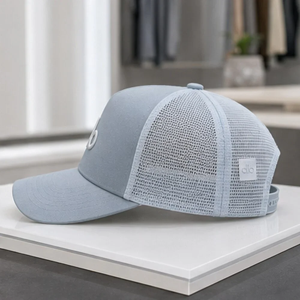 ALO Yoga Mist Blue Gray Pilates Mesh Trucker Cap Hat Logo